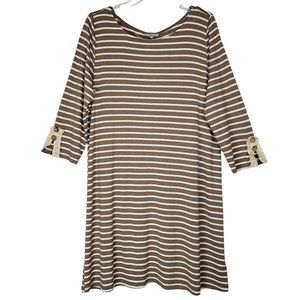 Jodifl Women's NWT L Shift Dress 3/4 Sleeve Crochet Lace Striped Brown White